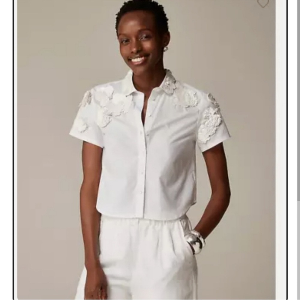 J. Crew White Short-Sleeve Button-Down with 3D Floral Appliqué - Picture 3 of 3